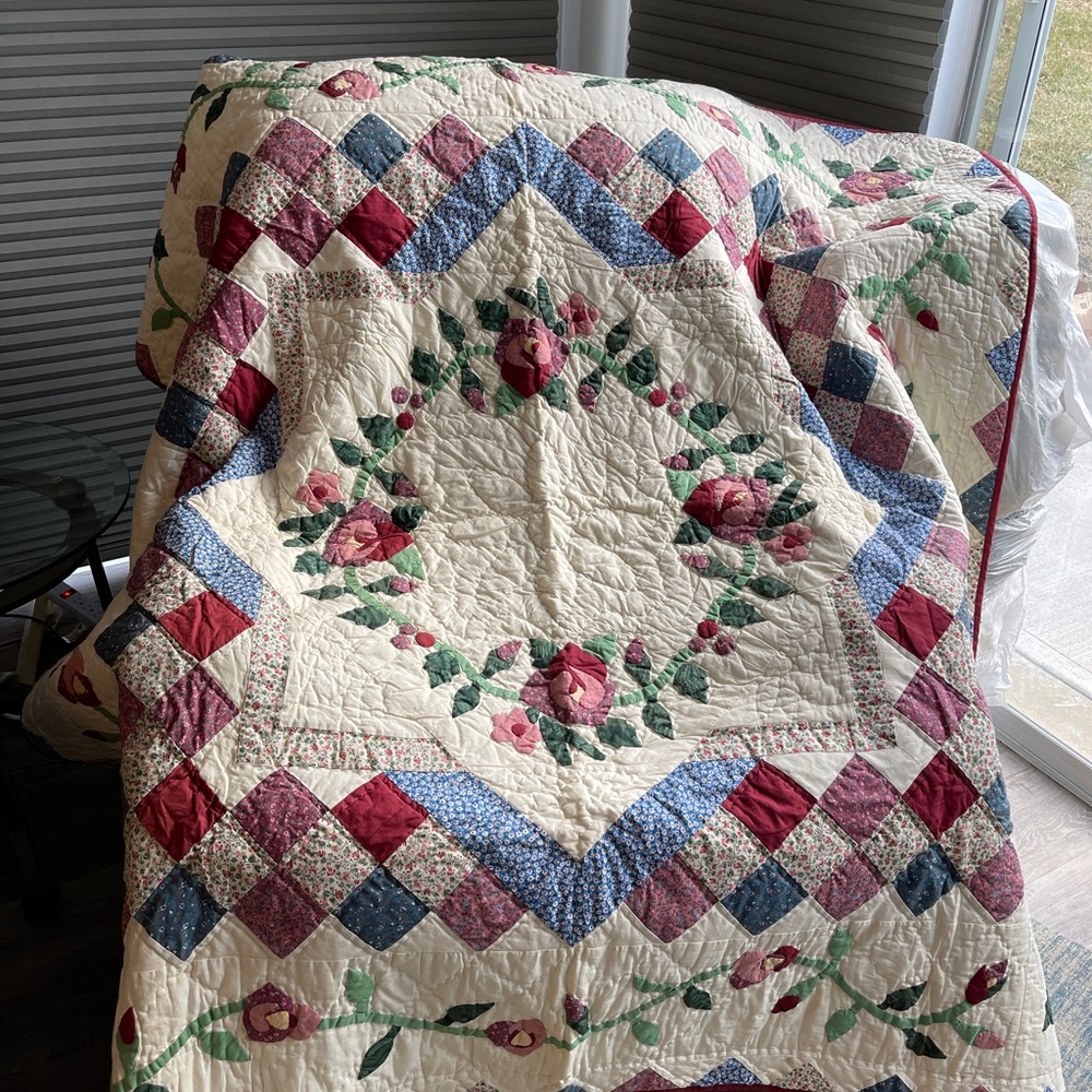 62” x 124”. Beautiful old fashion quilt.